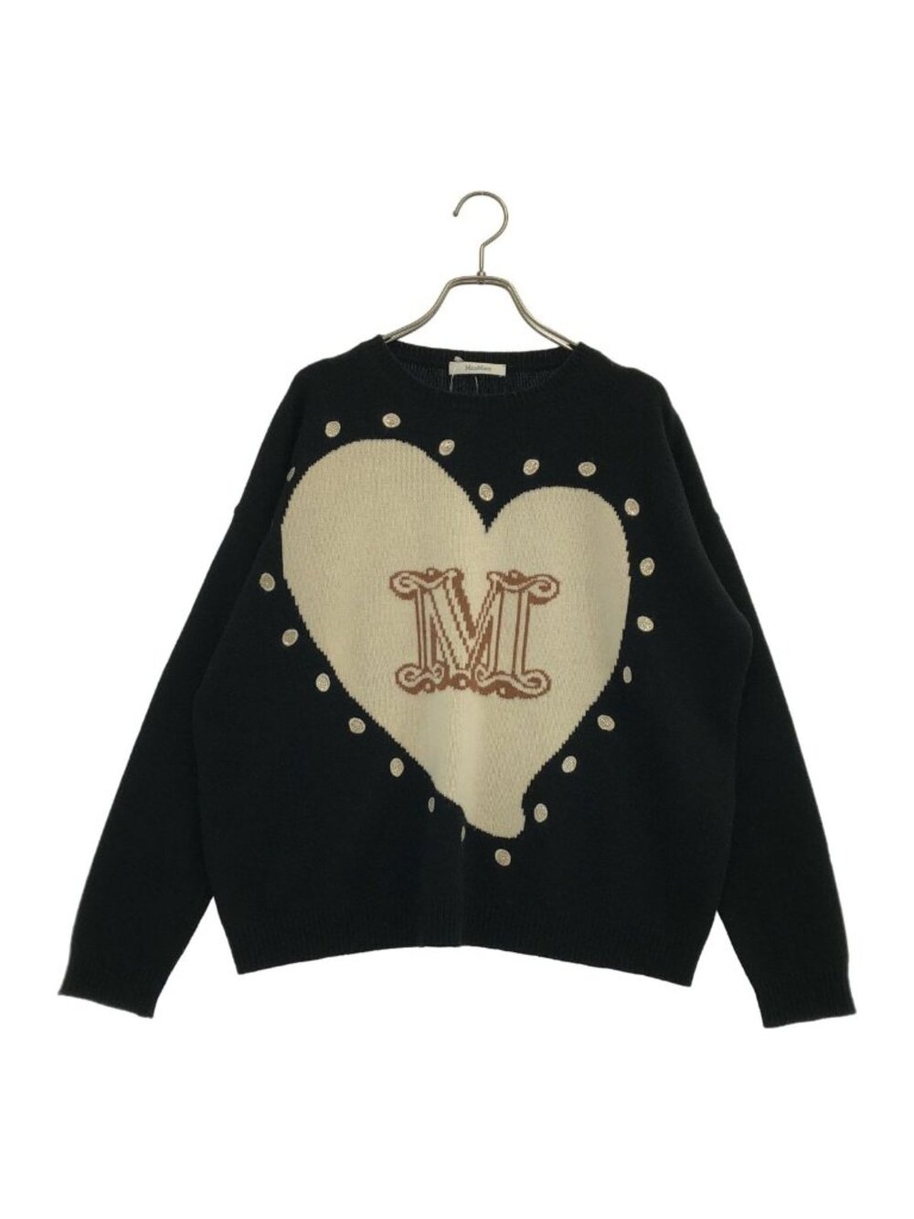Max Mara Wool Cashmere Rhinestone Heart Logo Knit Black Sweater